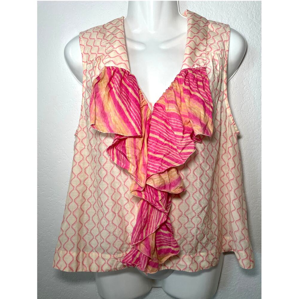 Anthropologie HD in Paris Collared W/ Front Ruffle Sleeveless Blouse Size 8